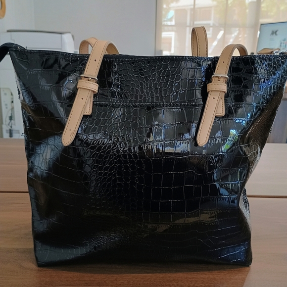 Attention Black Croc-Embossed Tote with Cream Straps - Picture 2 of 7